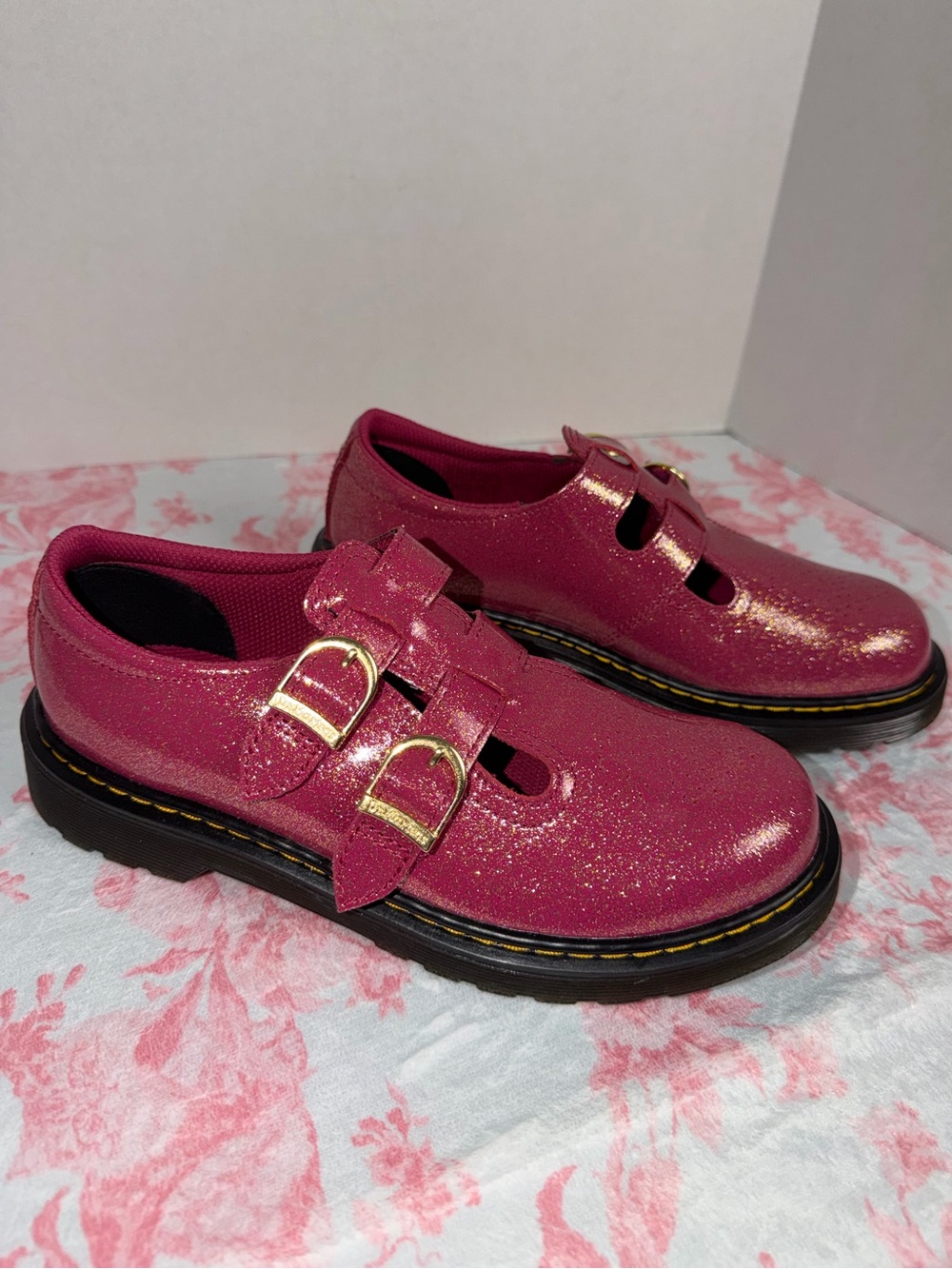 Dr. Martens Kids Glitter Mary Jane Shoes in Hot Pink